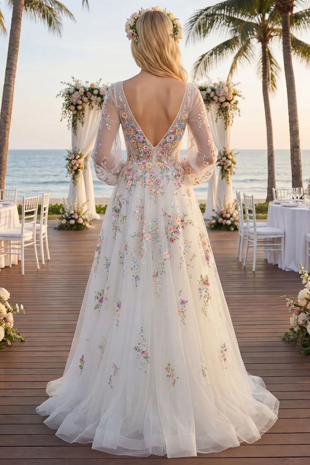 White Floral Ruched V-Neck A Line Long Sleeves Wedding Dress sold by Zapaka product image thumbnail 4