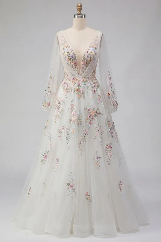 White Floral Ruched V-Neck A Line Long Sleeves Wedding Dress made by Zapaka