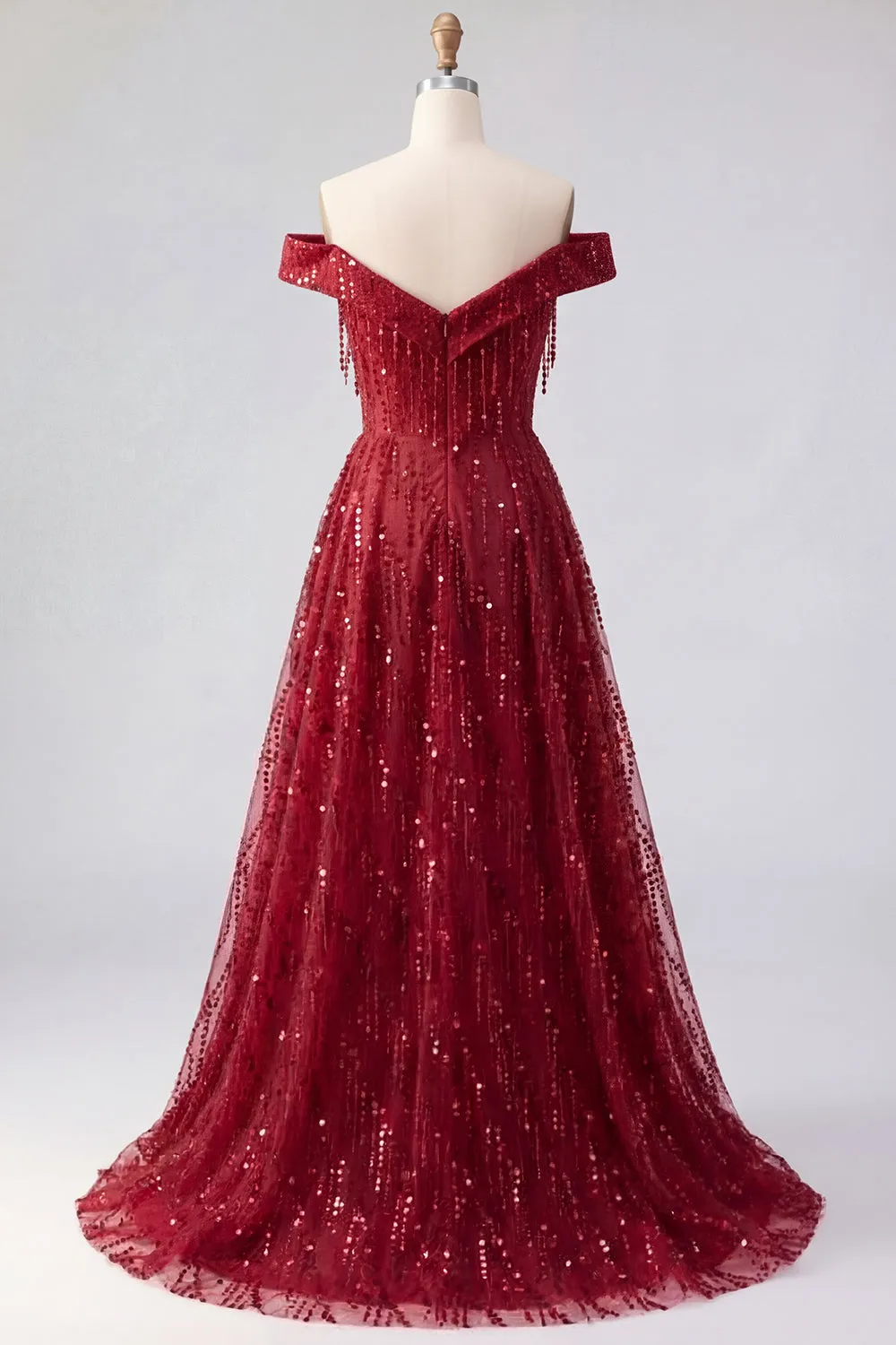 Sparkly Burgundy Off the Shoulder A Line Beaded Long Prom Dress with Cape sold by Zapaka product image thumbnail 2