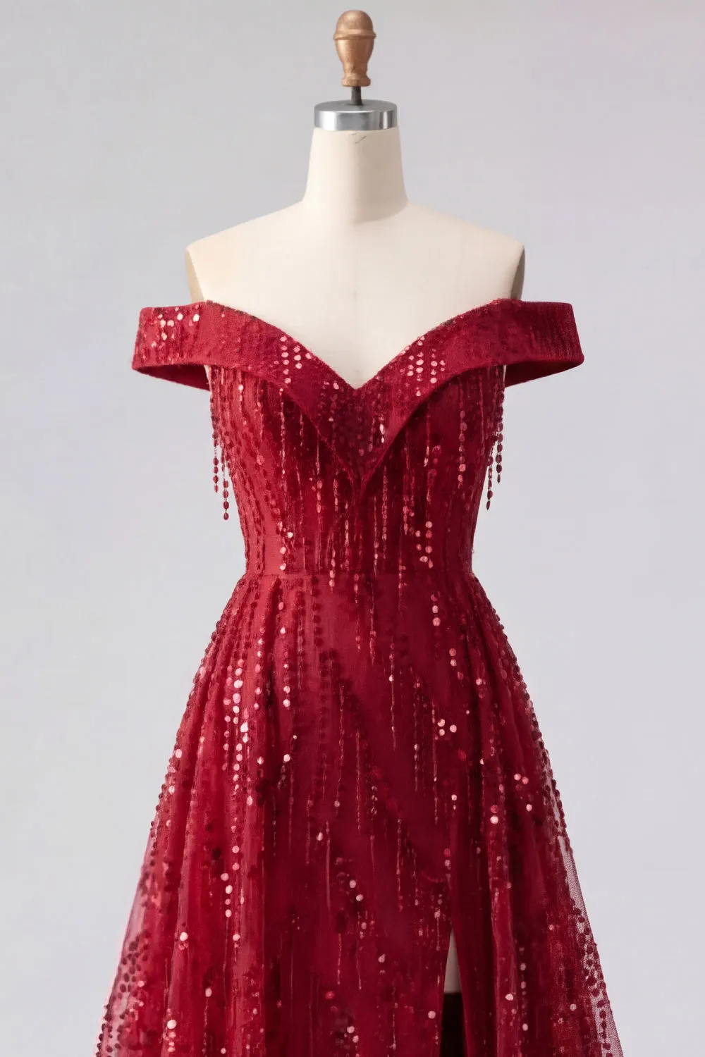 Sparkly Burgundy Off the Shoulder A Line Beaded Long Prom Dress with Cape sold by Zapaka product image thumbnail 5