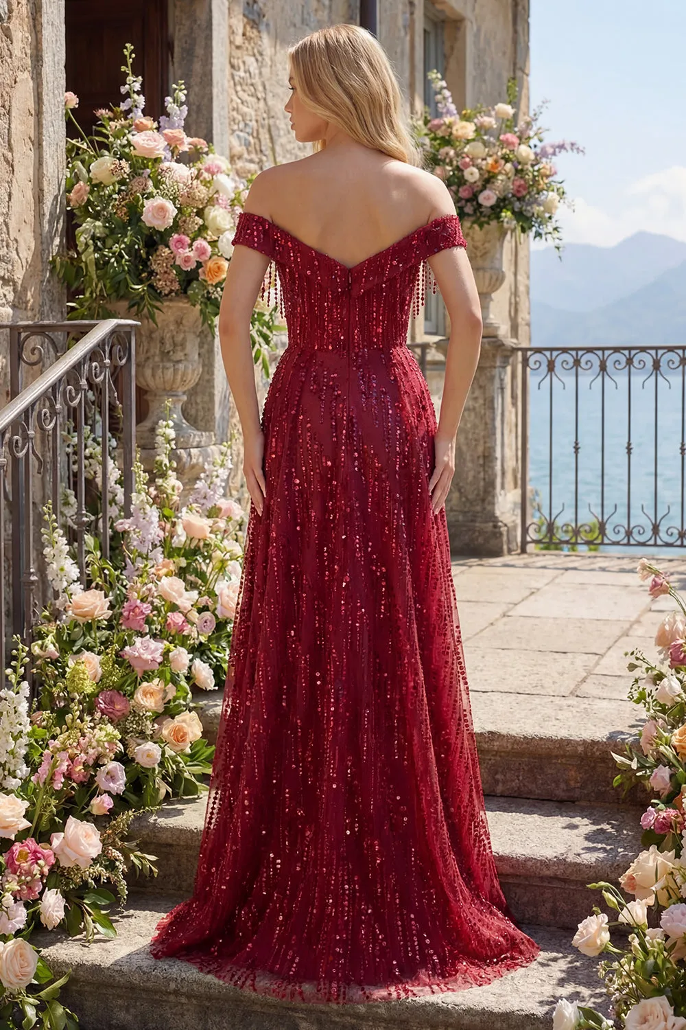 Sparkly Burgundy Off the Shoulder A Line Beaded Long Prom Dress with Cape sold by Zapaka product image thumbnail 4
