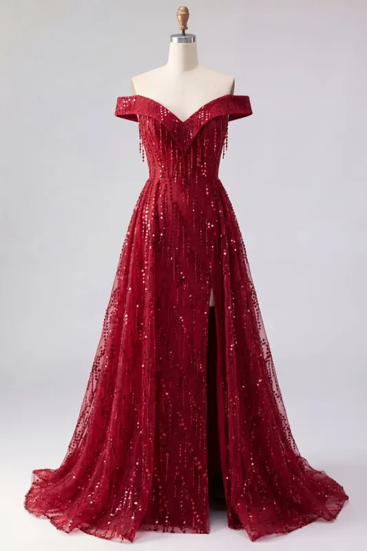 Sparkly Burgundy Off the Shoulder A Line Beaded Long Prom Dress with Cape made by Zapaka