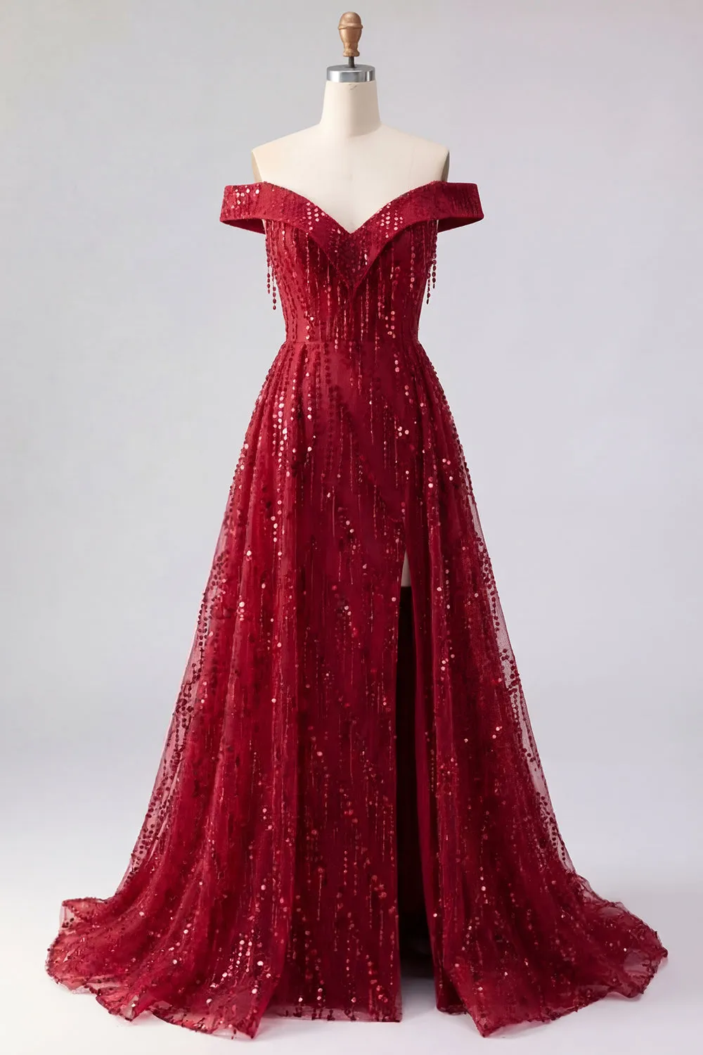 Sparkly Burgundy Off the Shoulder A Line Beaded Long Prom Dress with Cape sold by Zapaka