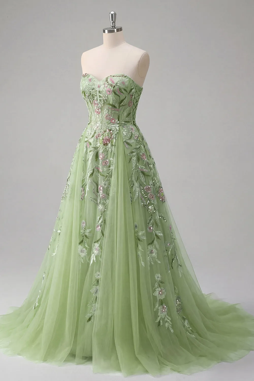 Strapless Green Floral Embroidered A-Line Tulle Prom Dress sold by Zapaka product image thumbnail 5