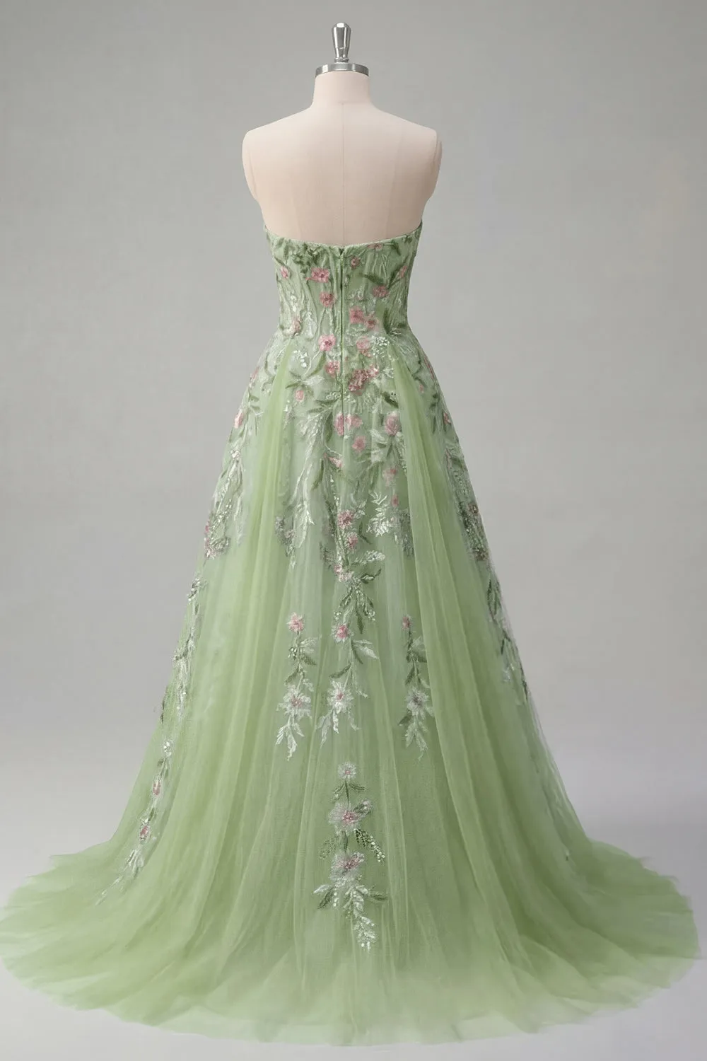 Strapless Green Floral Embroidered A-Line Tulle Prom Dress sold by Zapaka product image thumbnail 2