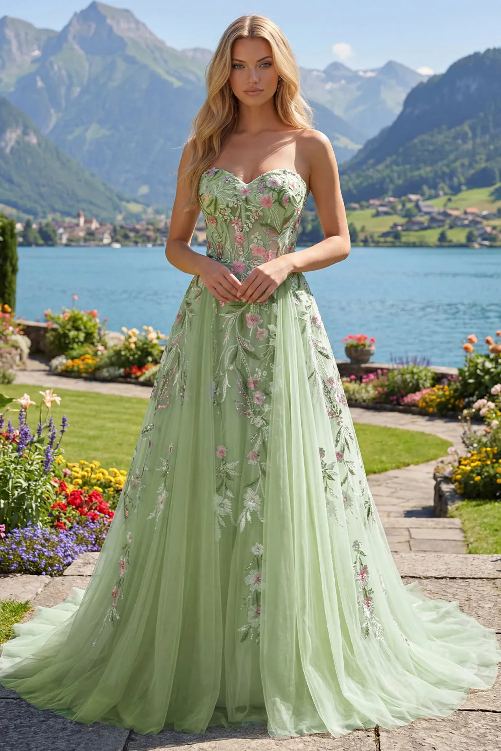 Strapless Green Floral Embroidered A-Line Tulle Prom Dress sold by Zapaka product image thumbnail 3