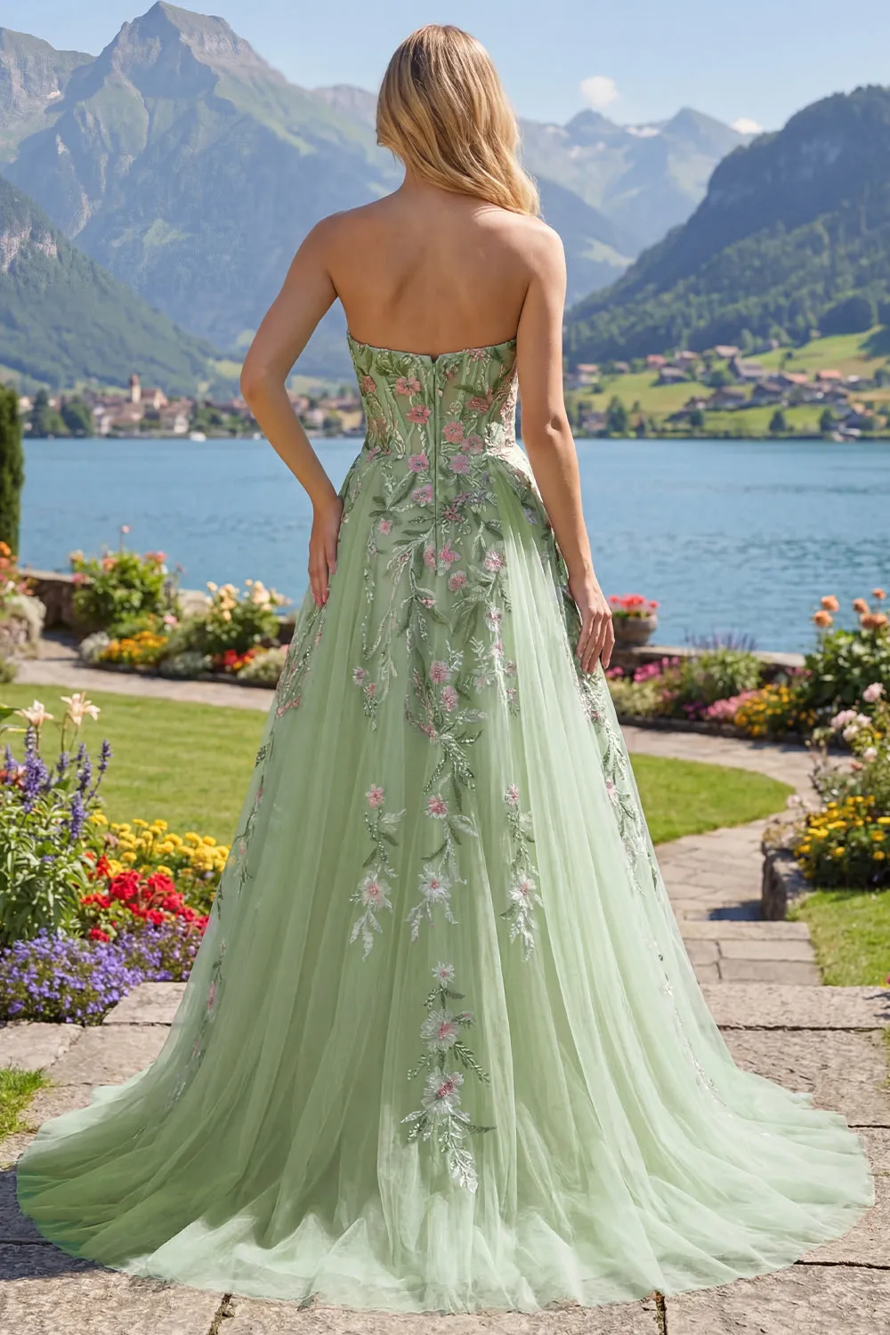 Strapless Green Floral Embroidered A-Line Tulle Prom Dress sold by Zapaka product image thumbnail 4