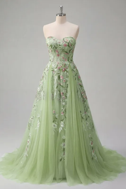 Strapless Green Floral Embroidered A-Line Tulle Prom Dress made by Zapaka