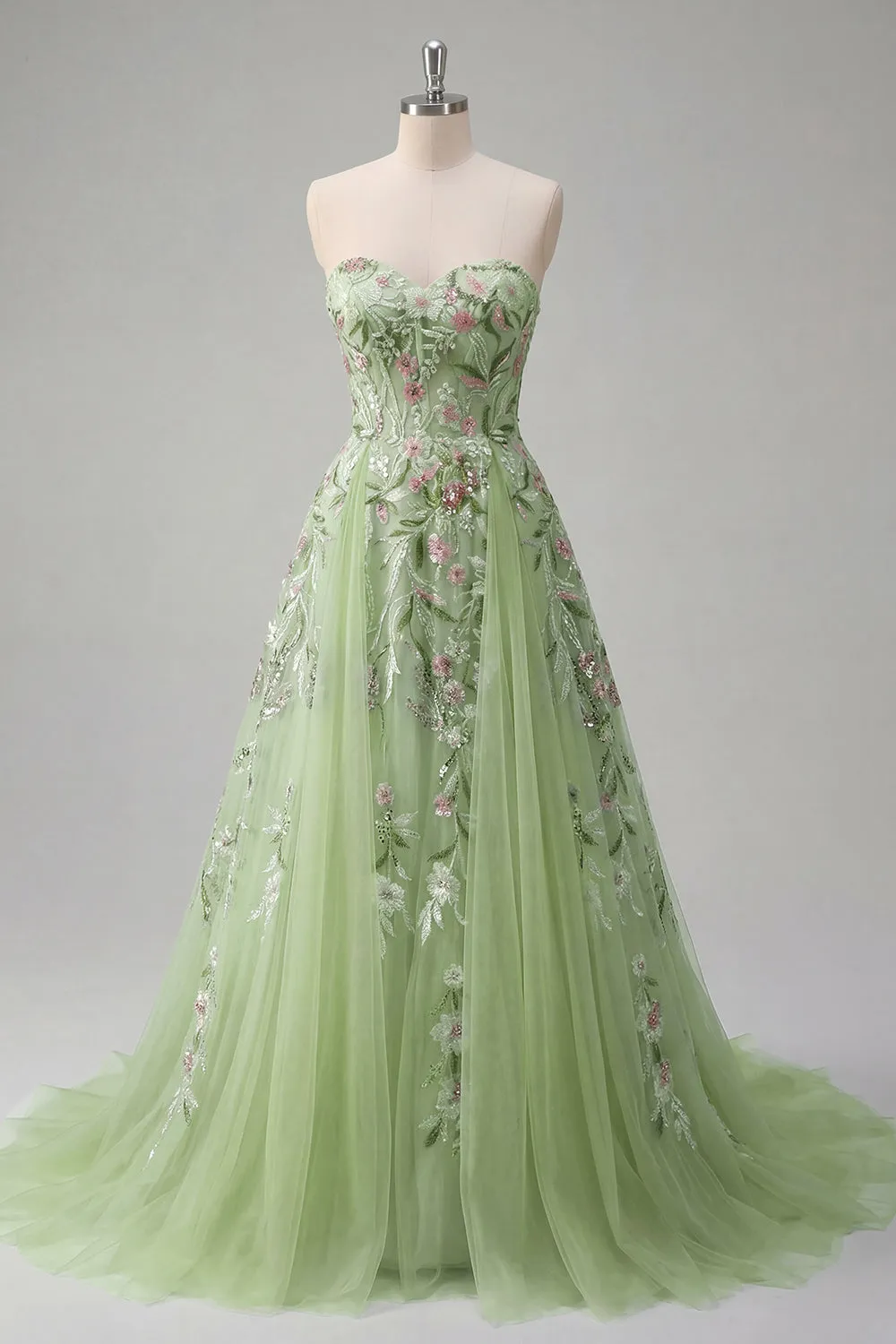 Strapless Green Floral Embroidered A-Line Tulle Prom Dress sold by Zapaka