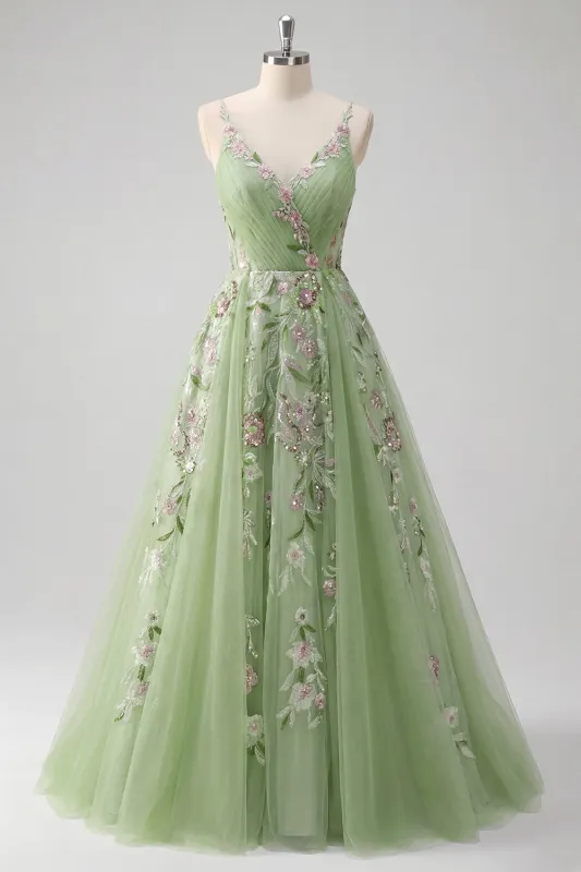Green Spaghetti Straps Floral A Line Tulle Prom Dress made by Zapaka