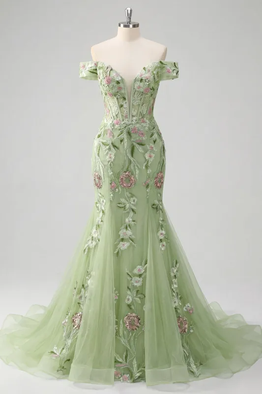 Off The Shoulder Green Mermaid Embroidered Tulle Prom Dress made by Zapaka