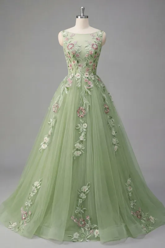 Green Floral Bateau Neck A Line Appliqued Prom Dress made by Zapaka
