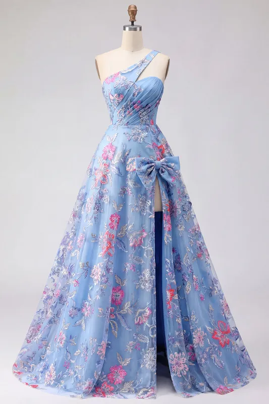 Blue One Shoulder A Line Appliqued Prom Dress with Slit made by Zapaka