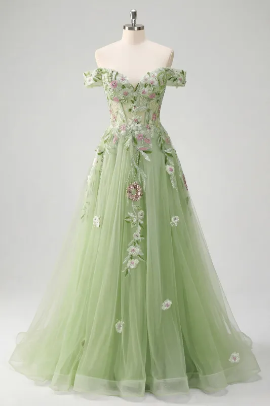 Off The Shoulder Floral Corset Green A Line Prom Dress made by Zapaka