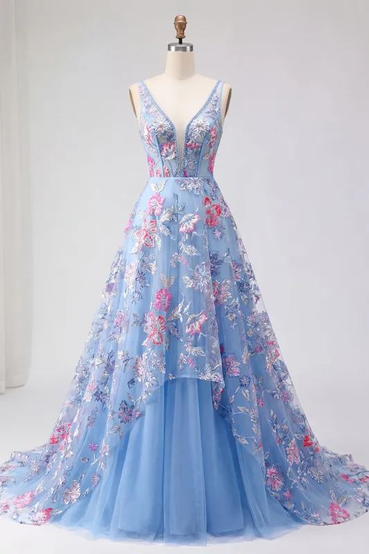 Blue Floral A Line V Neck Long Prom Dress made by Zapaka
