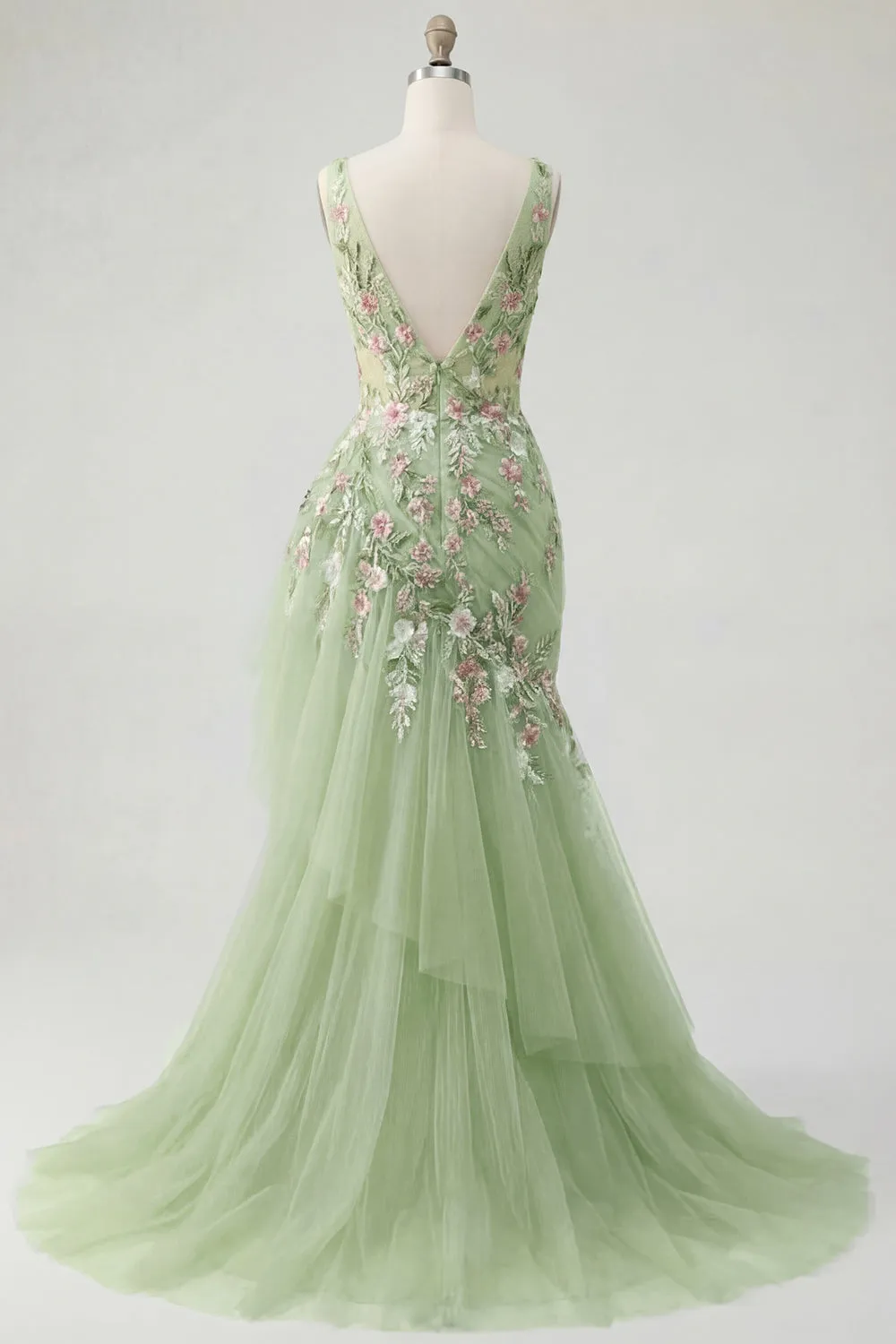 Green Floral V Neck Ruffled Mermaid Appliqued Prom Dress sold by Zapaka product image thumbnail 2
