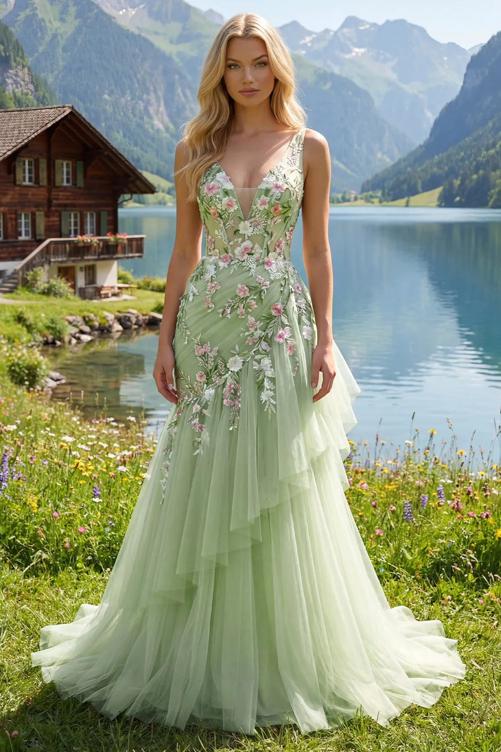 Green Floral V Neck Ruffled Mermaid Appliqued Prom Dress sold by Zapaka product image thumbnail 3