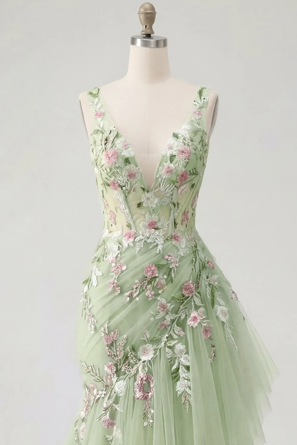 Green Floral V Neck Ruffled Mermaid Appliqued Prom Dress sold by Zapaka product image thumbnail 5