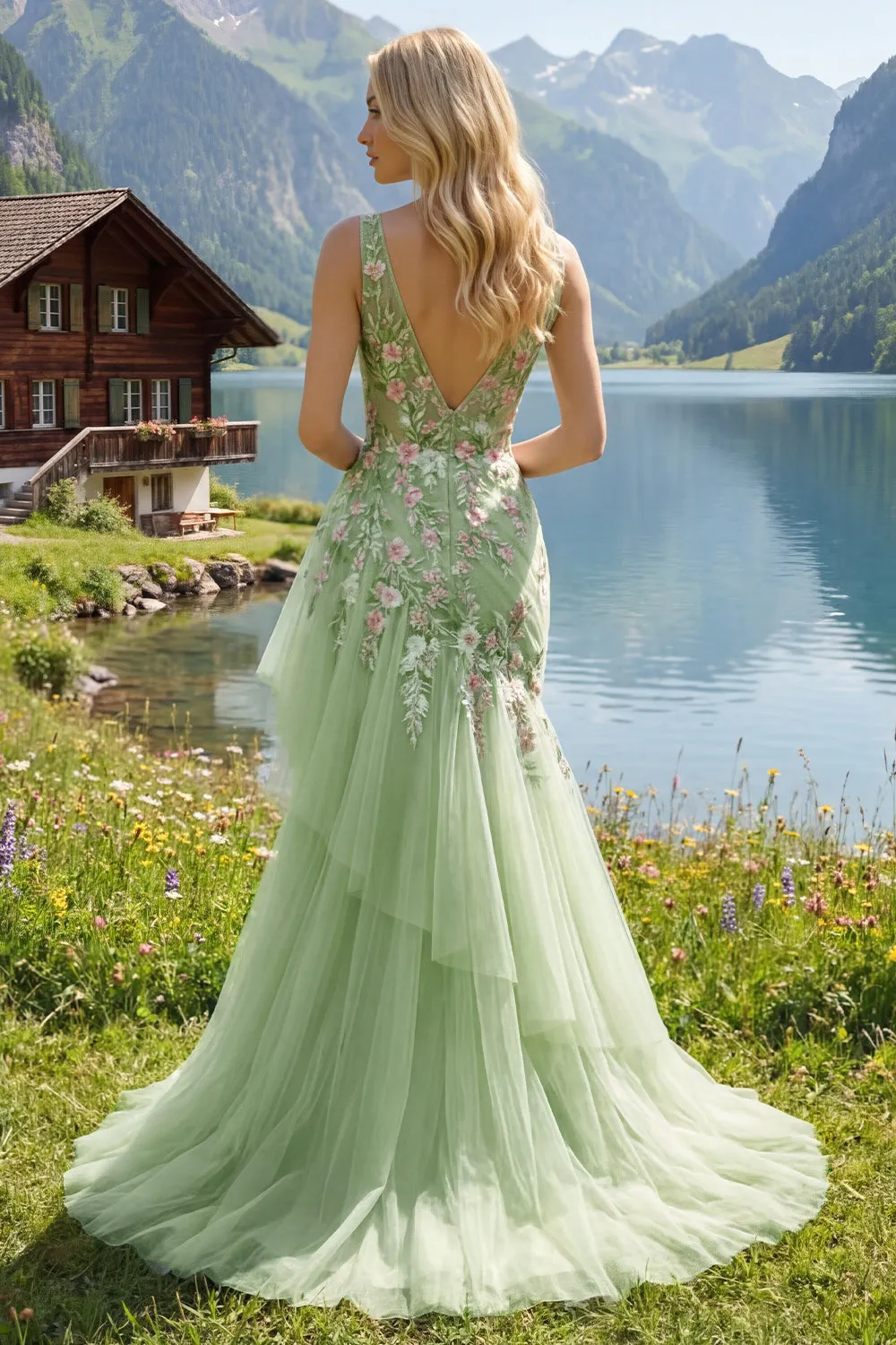 Green Floral V Neck Ruffled Mermaid Appliqued Prom Dress sold by Zapaka product image thumbnail 4