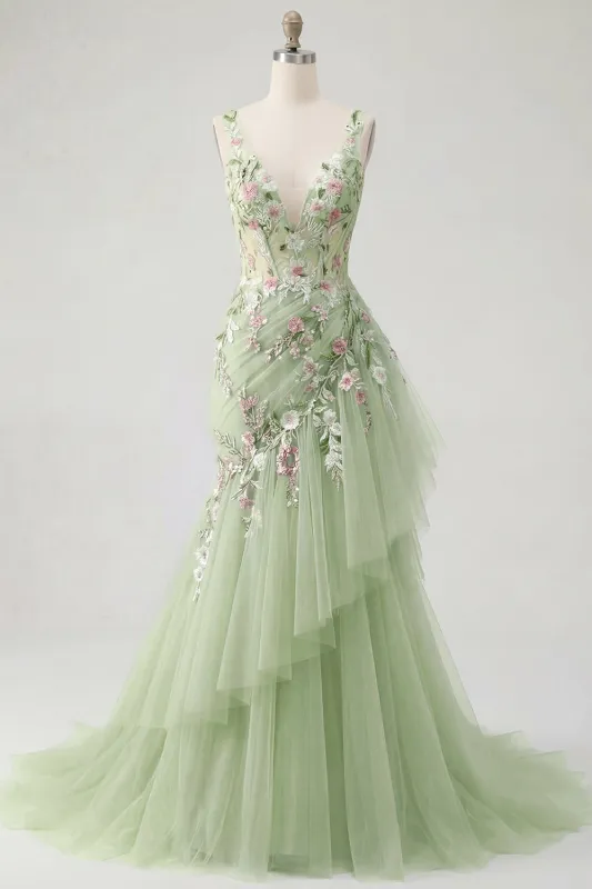 Green Floral V Neck Ruffled Mermaid Appliqued Prom Dress made by Zapaka