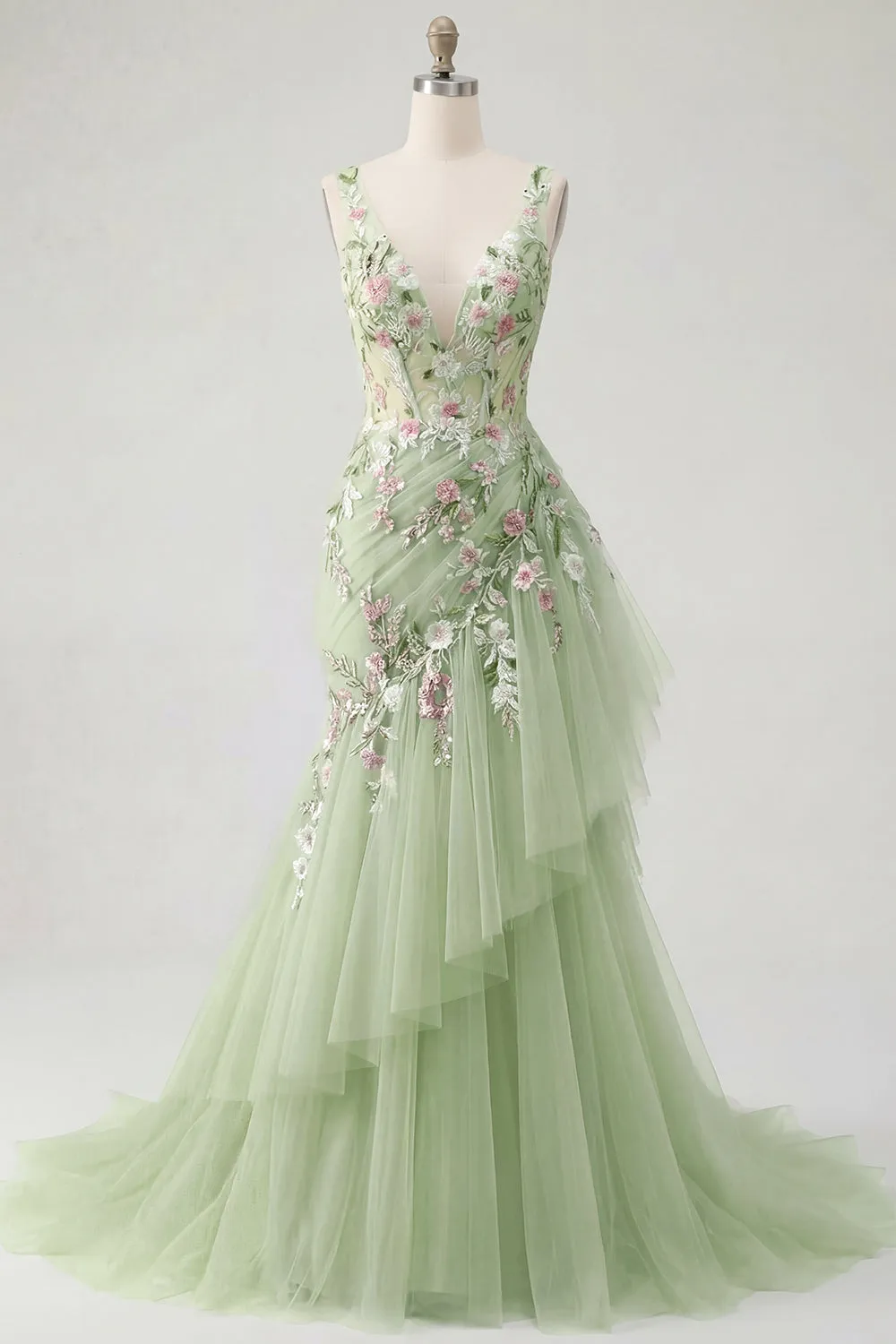 Green Floral V Neck Ruffled Mermaid Appliqued Prom Dress sold by Zapaka