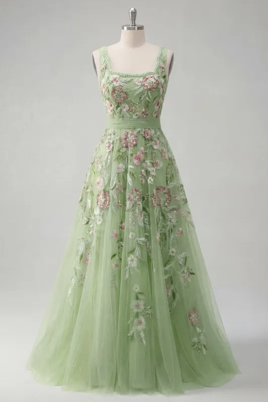 Square Neck Green Floral A Line Appliqued Prom Dress made by Zapaka