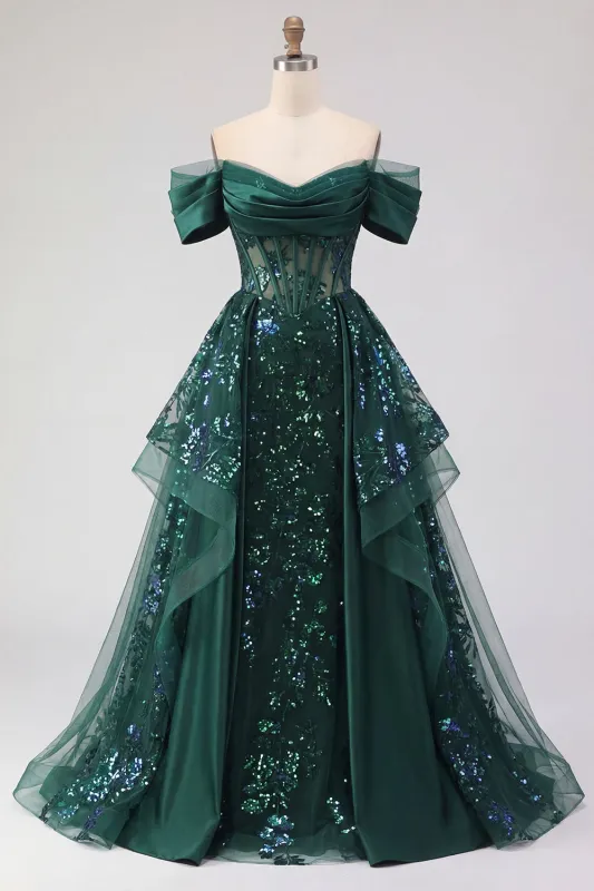 Sparkly Dark Green Sequin A-Line Off the Shoulder Corset Ruched Long Prom Dress made by Zapaka