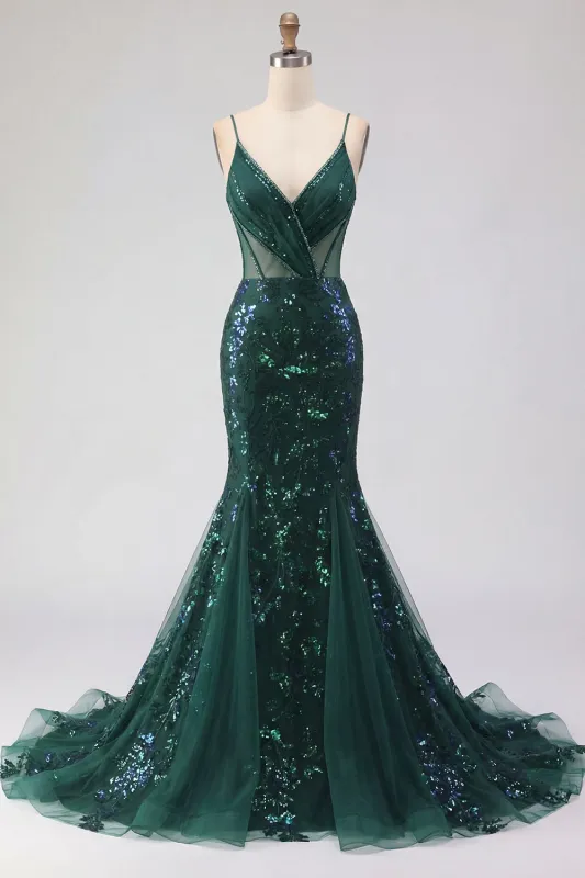 Sparkly Dark Green Mermaid Spaghetti Strap Sequin Tulle Long Prom Dress with Appliques made by Zapaka