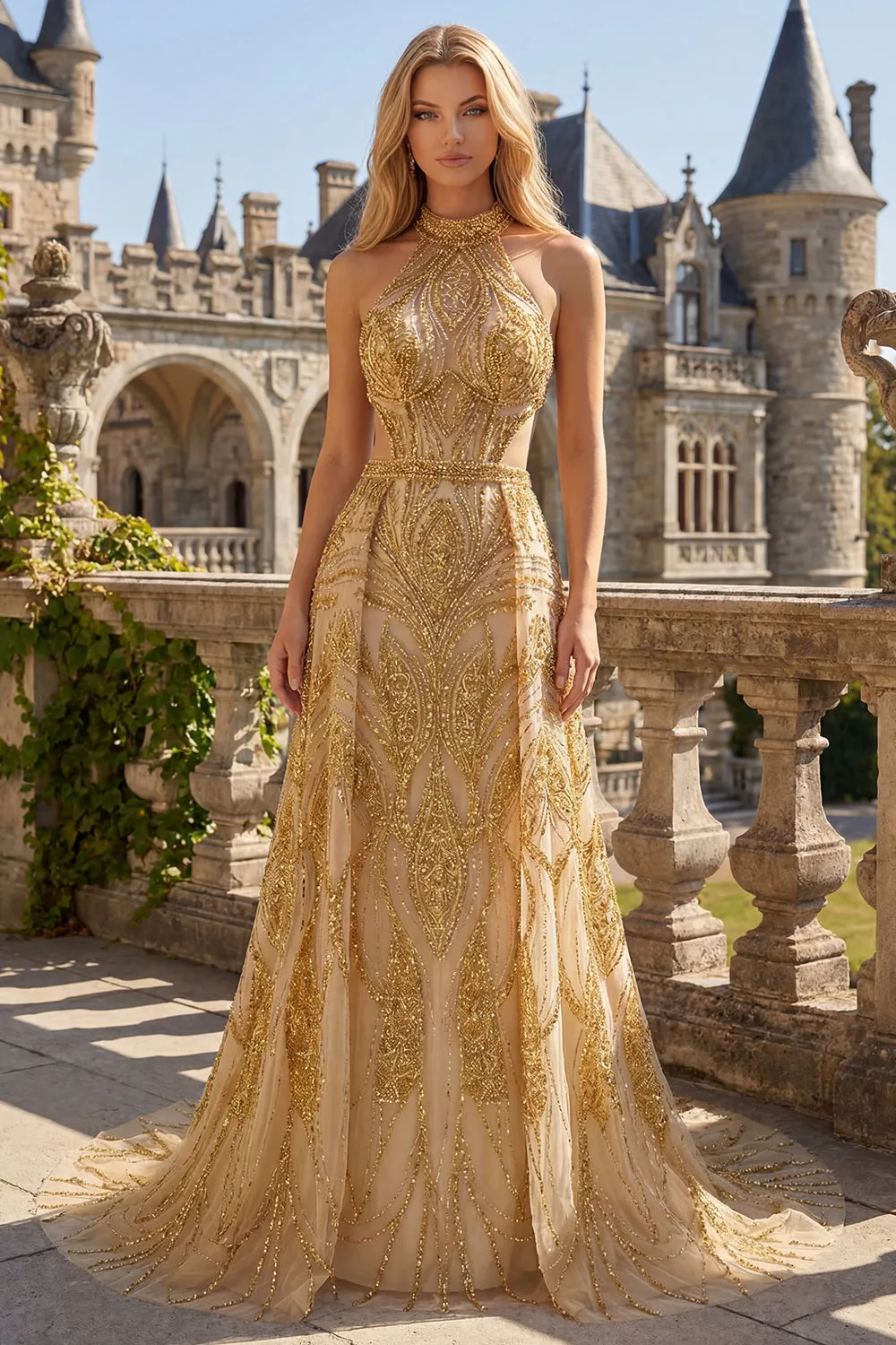 Sparkly Golden Halter A-Line Hollow Long Prom Dress with Beading sold by Zapaka product image thumbnail 3