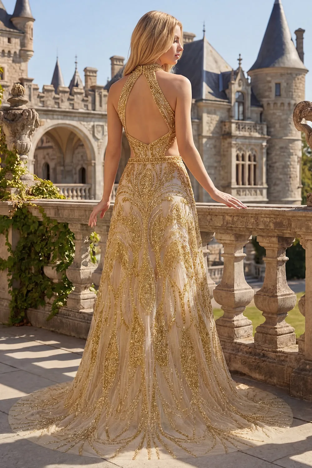 Sparkly Golden Halter A-Line Hollow Long Prom Dress with Beading sold by Zapaka product image thumbnail 4