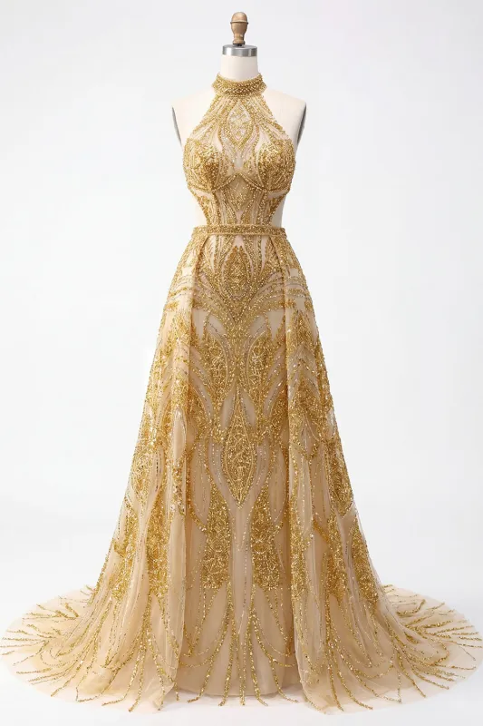 Sparkly Golden Halter A-Line Hollow Long Prom Dress with Beading made by Zapaka