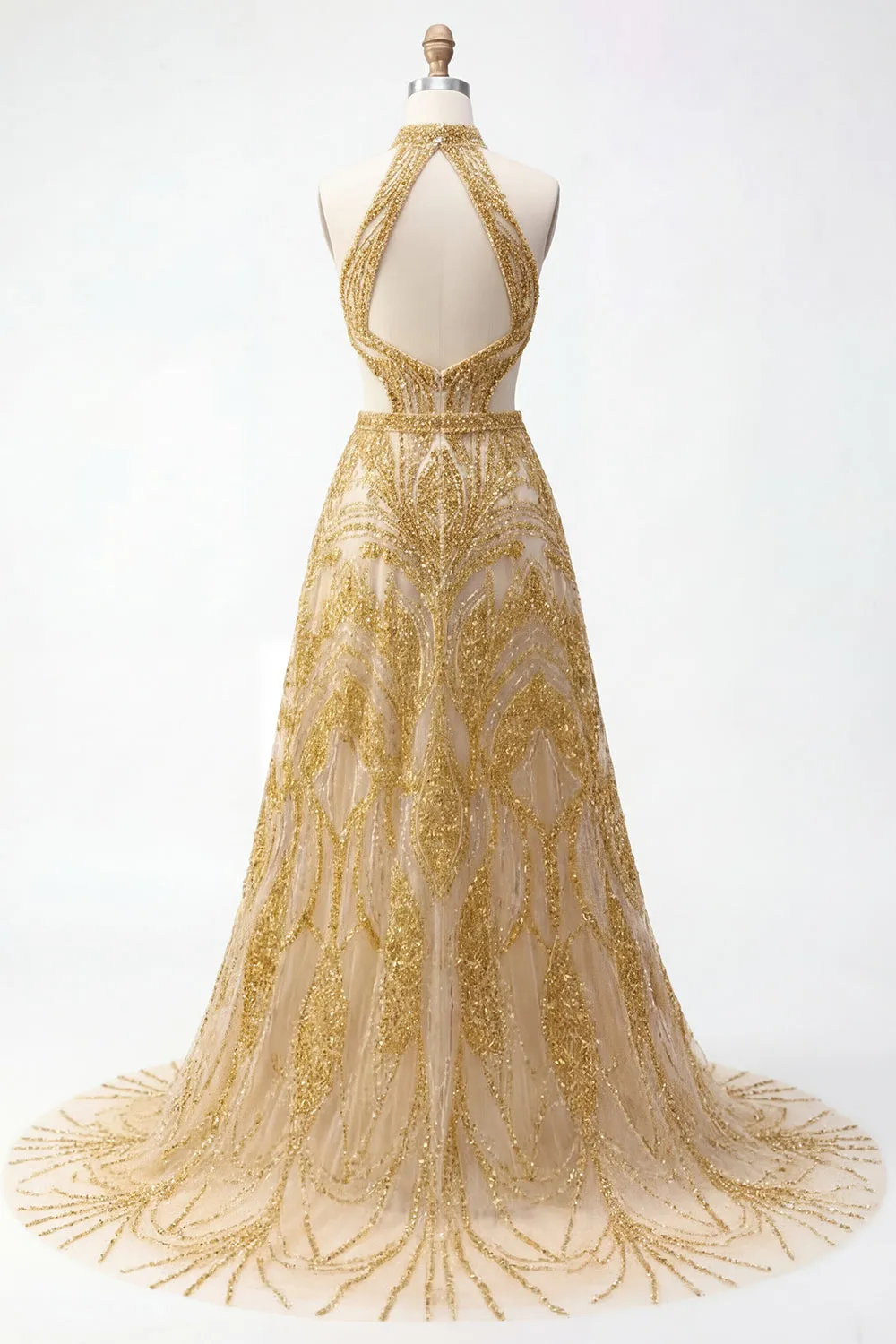 Sparkly Golden Halter A-Line Hollow Long Prom Dress with Beading sold by Zapaka product image thumbnail 2