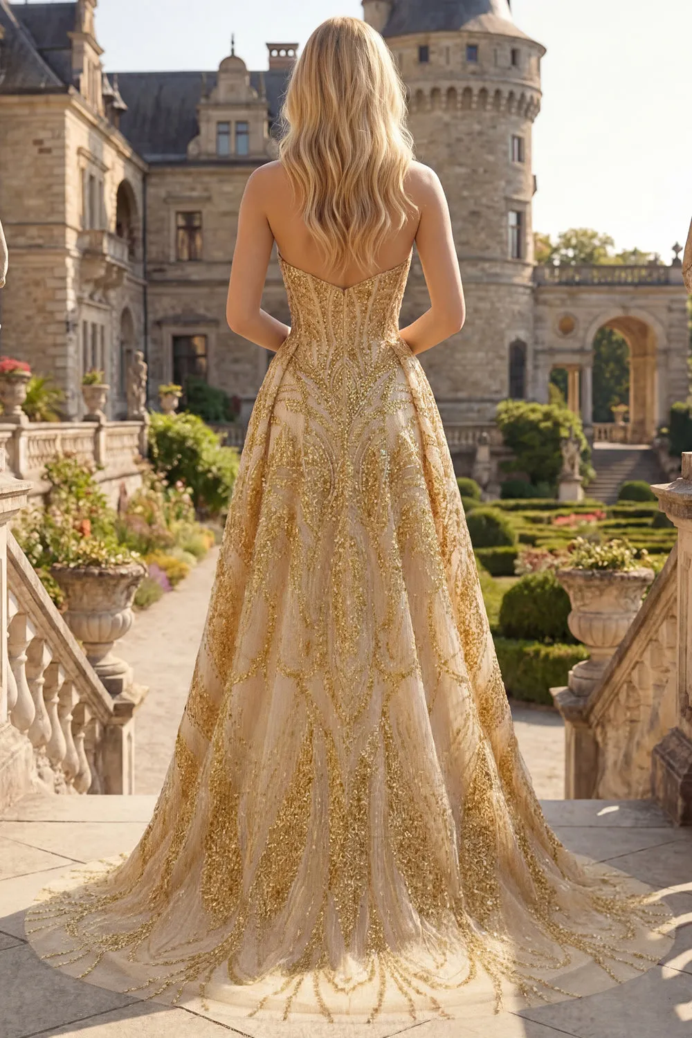 Sparkly Golden Sweetheart Bodycon Corset Beaded Mini Prom Dress with Ruffles Chapel Train sold by Zapaka product image thumbnail 4