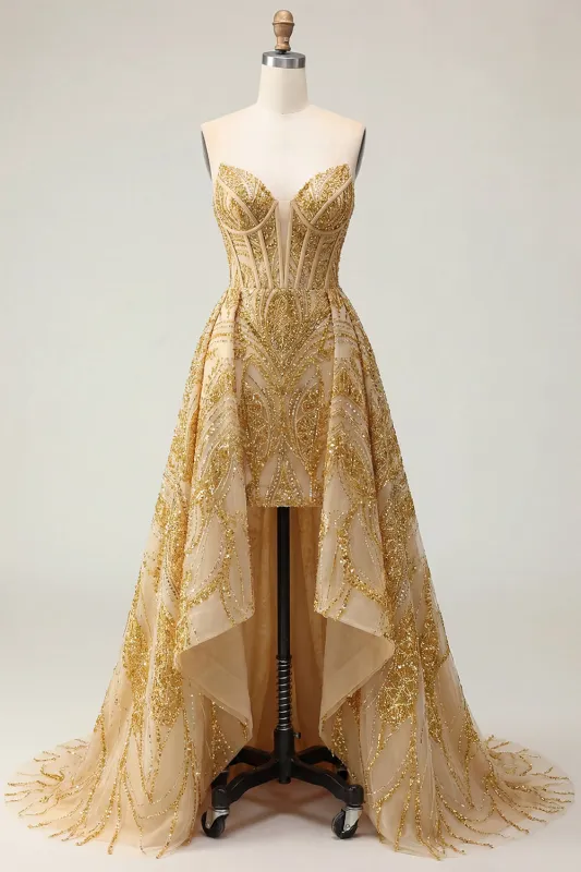 Sparkly Golden Sweetheart Bodycon Corset Beaded Mini Prom Dress with Ruffles Chapel Train made by Zapaka