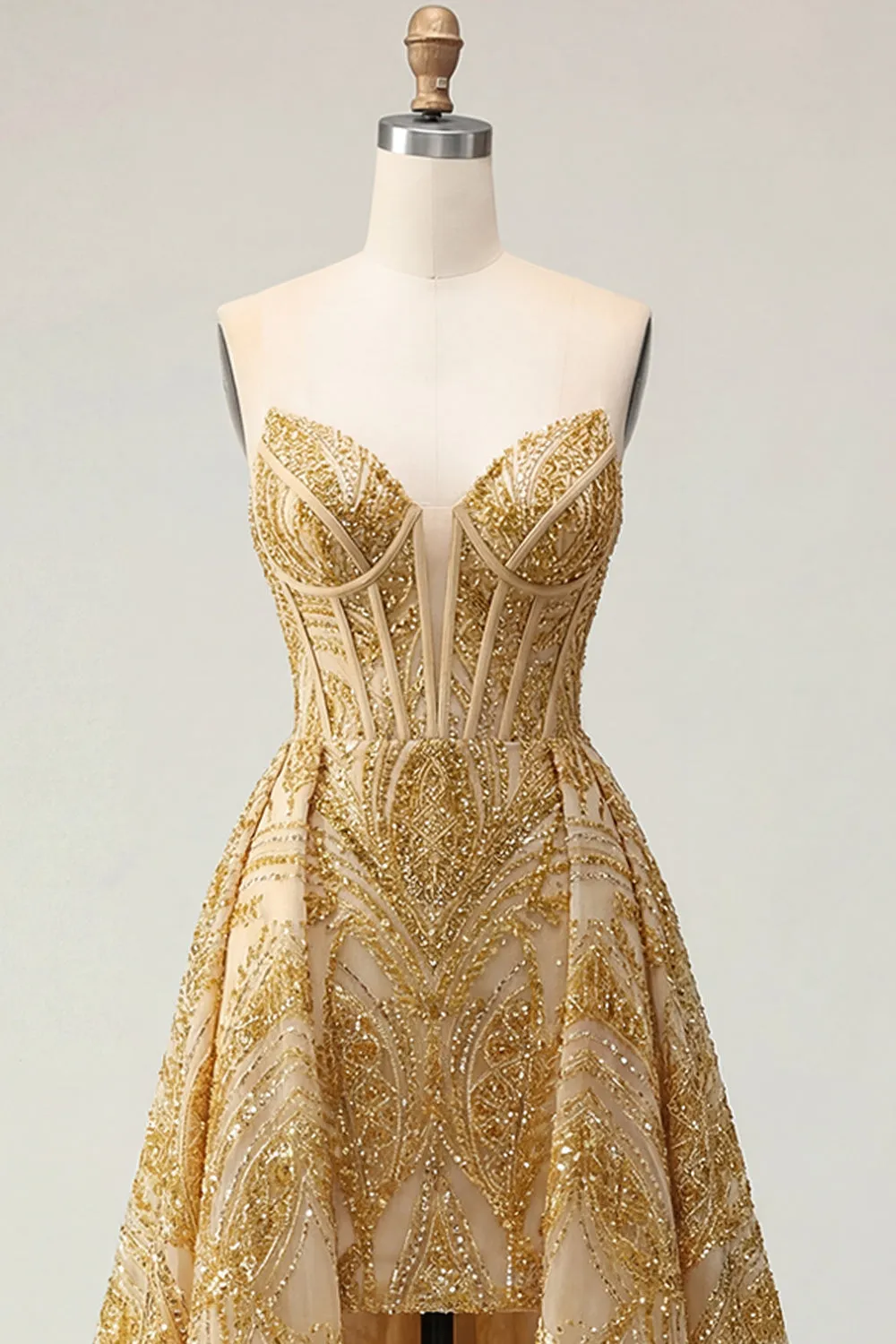 Sparkly Golden Sweetheart Bodycon Corset Beaded Mini Prom Dress with Ruffles Chapel Train sold by Zapaka product image thumbnail 5