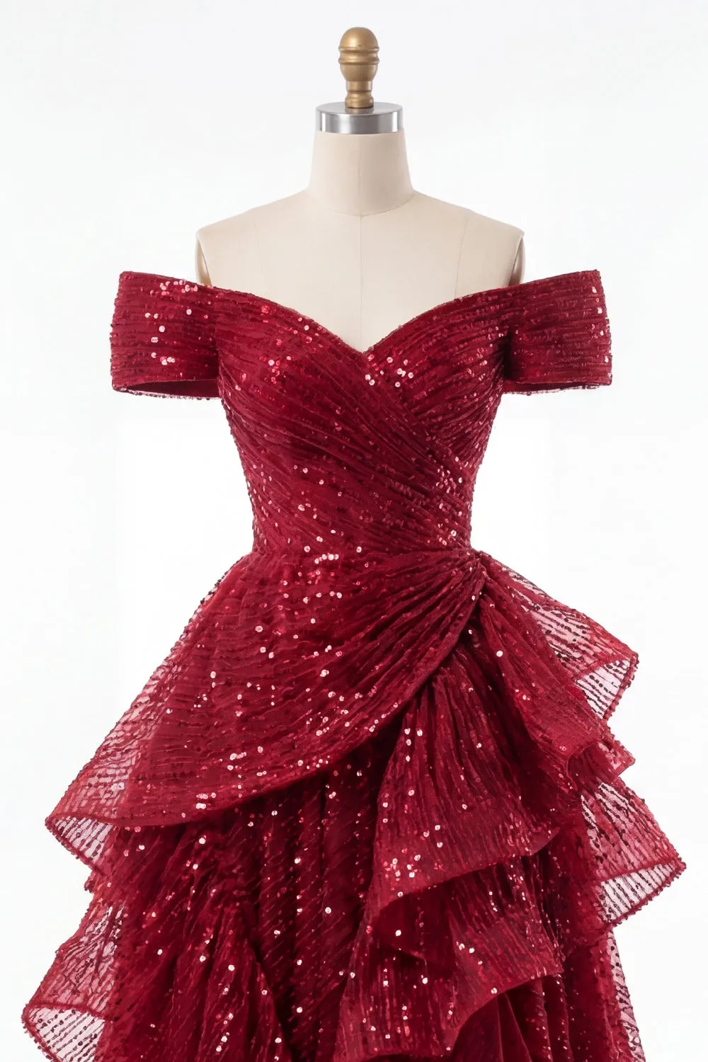 Sparkly Burgundy Off the Shoulder Sequin Ruched Long Prom Dress with Ruffles sold by Zapaka product image thumbnail 5