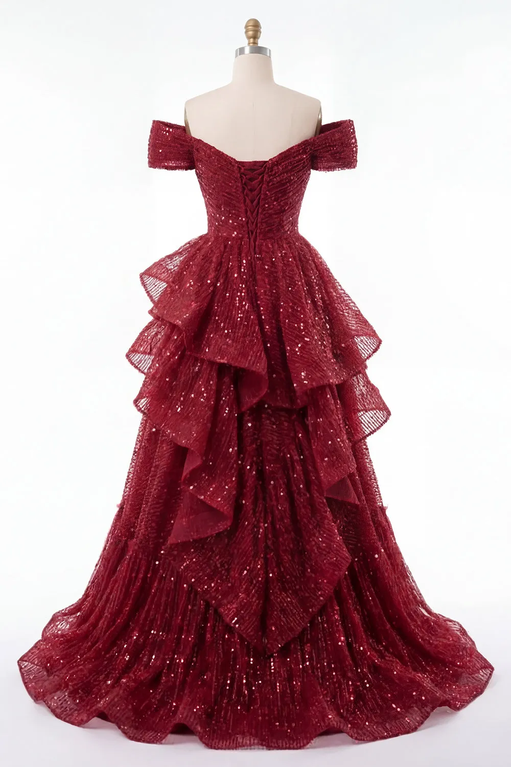 Sparkly Burgundy Off the Shoulder Sequin Ruched Long Prom Dress with Ruffles sold by Zapaka product image thumbnail 2