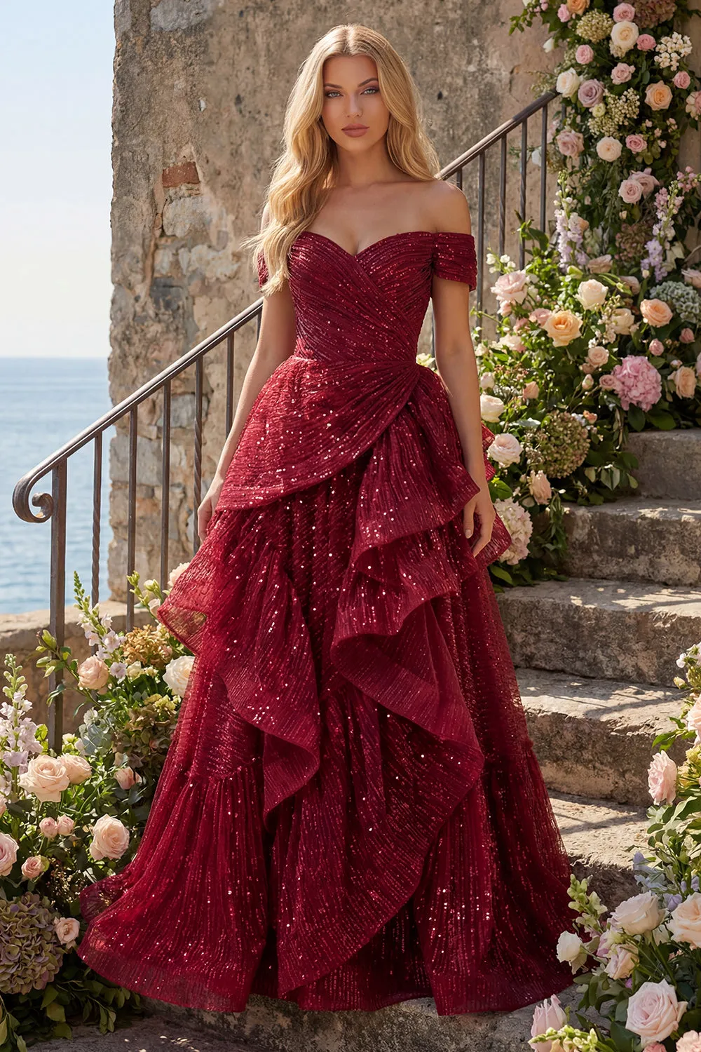 Sparkly Burgundy Off the Shoulder Sequin Ruched Long Prom Dress with Ruffles sold by Zapaka product image thumbnail 3