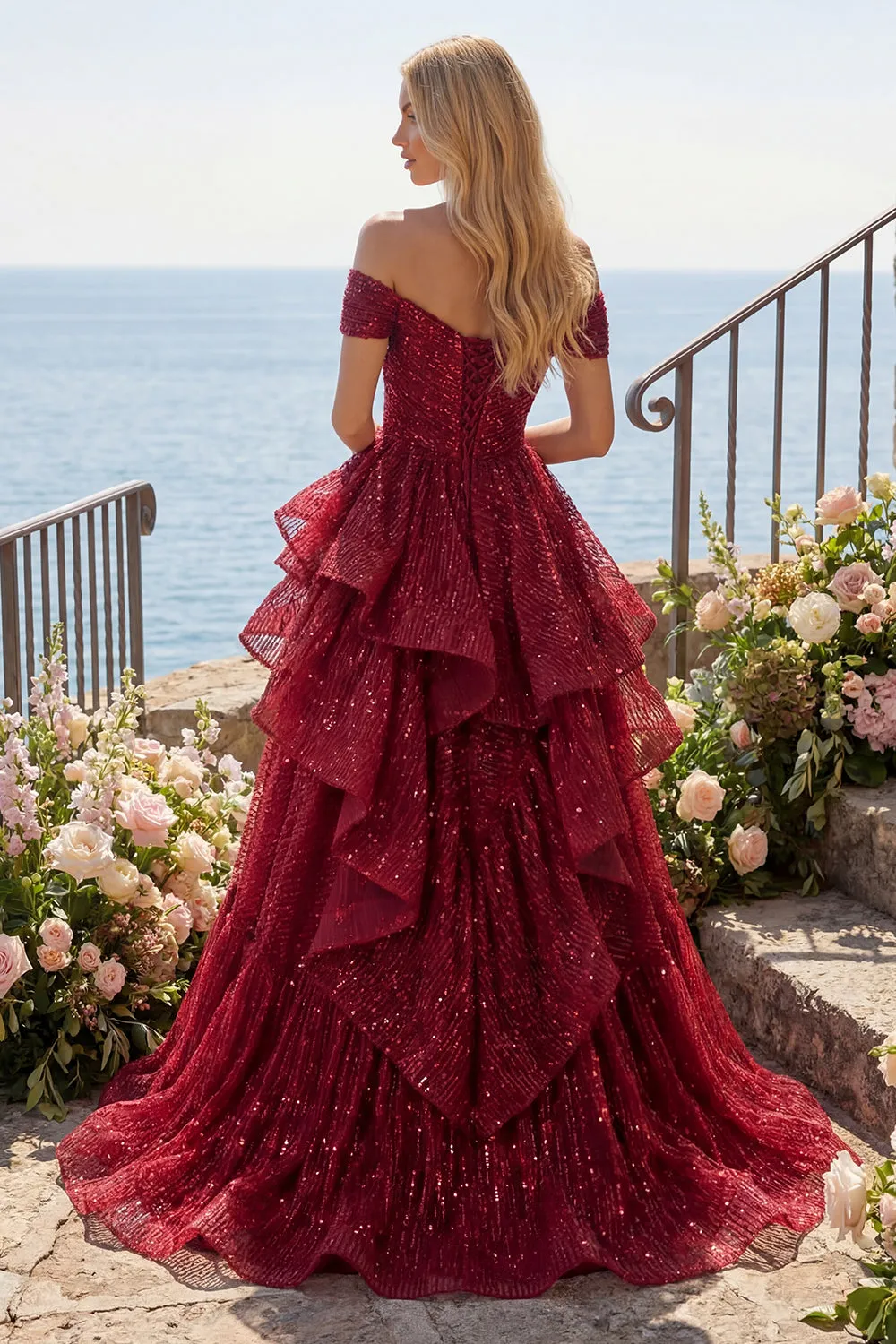 Sparkly Burgundy Off the Shoulder Sequin Ruched Long Prom Dress with Ruffles sold by Zapaka product image thumbnail 4