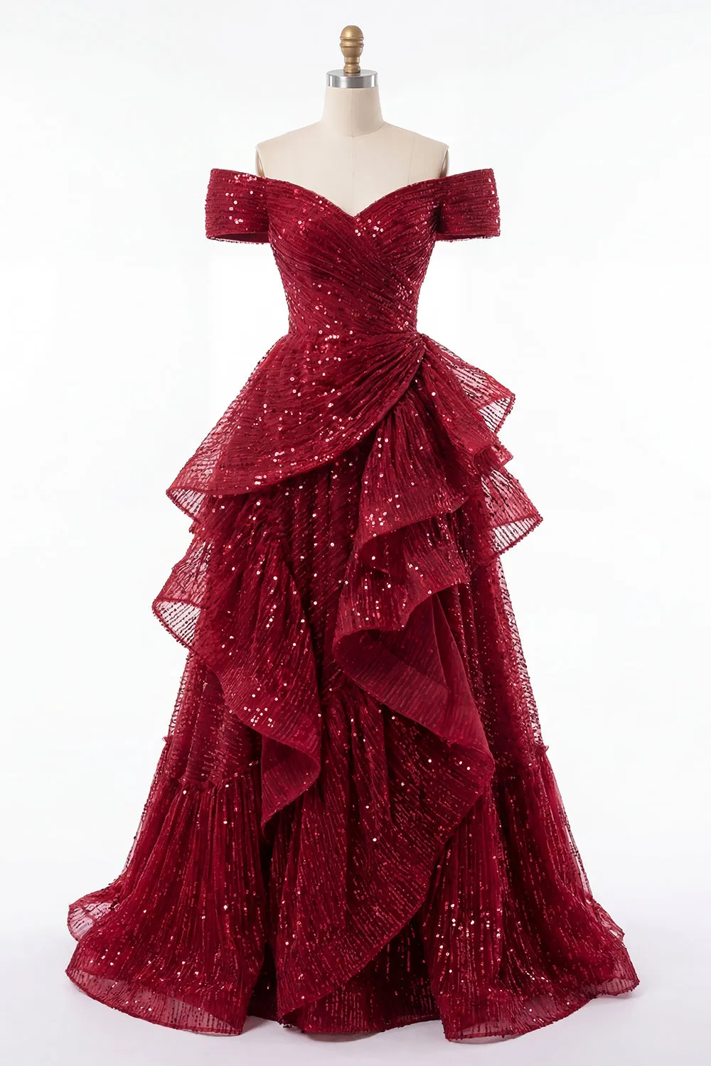 Sparkly Burgundy Off the Shoulder Sequin Ruched Long Prom Dress with Ruffles sold by Zapaka