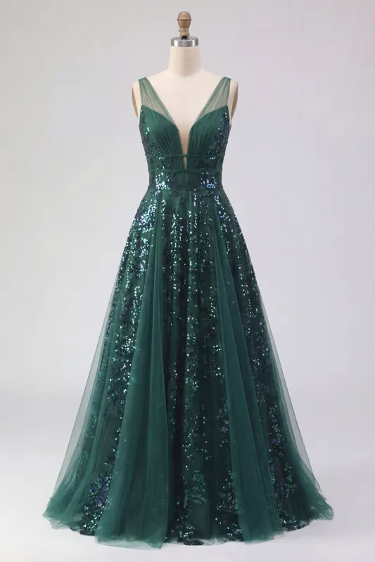 Sparkly Dark Green V-Neck Tulle A Line Long Sequin Prom Dress made by Zapaka