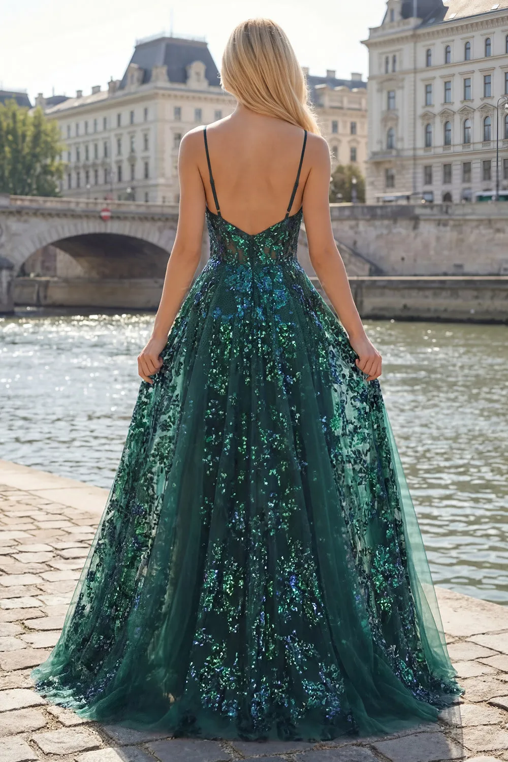 Sparkly Dark Green Corset Tulle High Low Sequin Prom Dress sold by Zapaka product image thumbnail 4