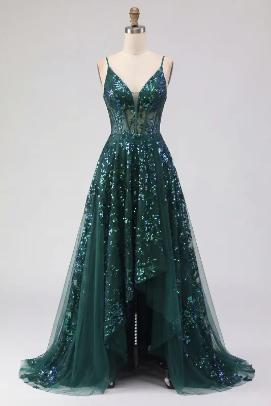 Sparkly Dark Green Corset Tulle High Low Sequin Prom Dress made by Zapaka