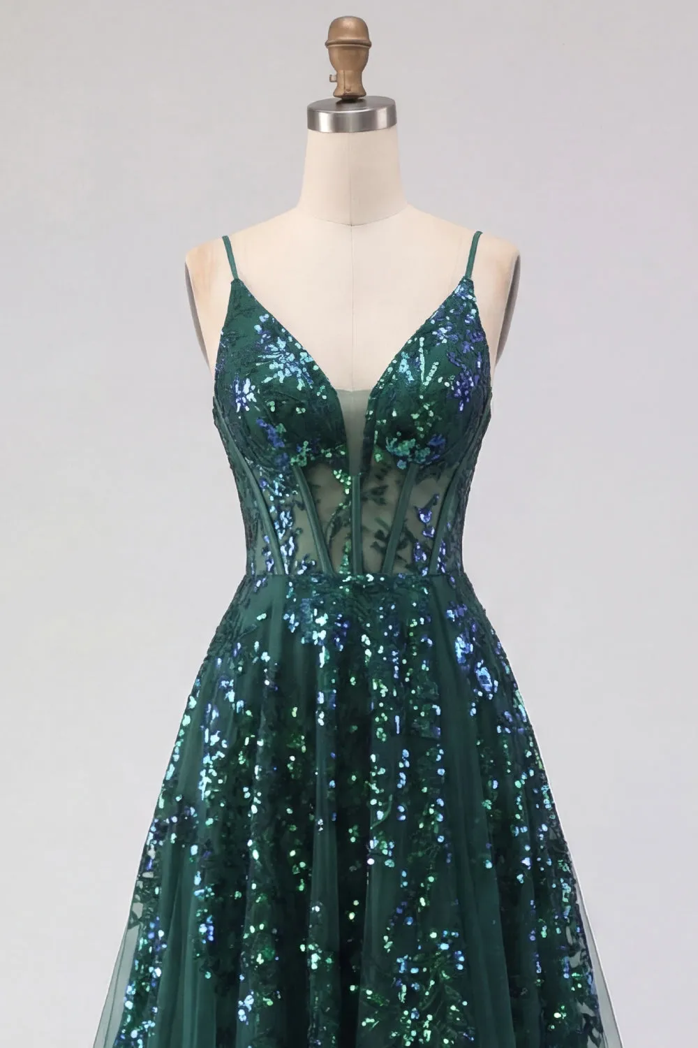Sparkly Dark Green Corset Tulle High Low Sequin Prom Dress sold by Zapaka product image thumbnail 5