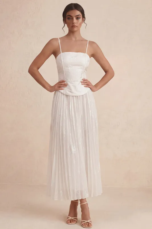 White Spaghetti Straps A Line Pleated Long Midi Dress with Appliques made by Zapaka