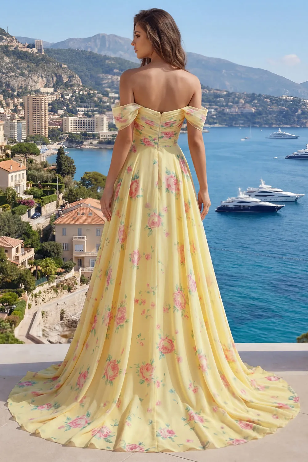 Sparkly Yellow Floral Off the Shoulder Ruffled Long Prom Dress with Beading sold by Zapaka product image thumbnail 4