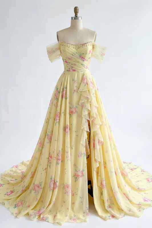 Sparkly Yellow Floral Off the Shoulder Ruffled Long Prom Dress with Beading made by Zapaka