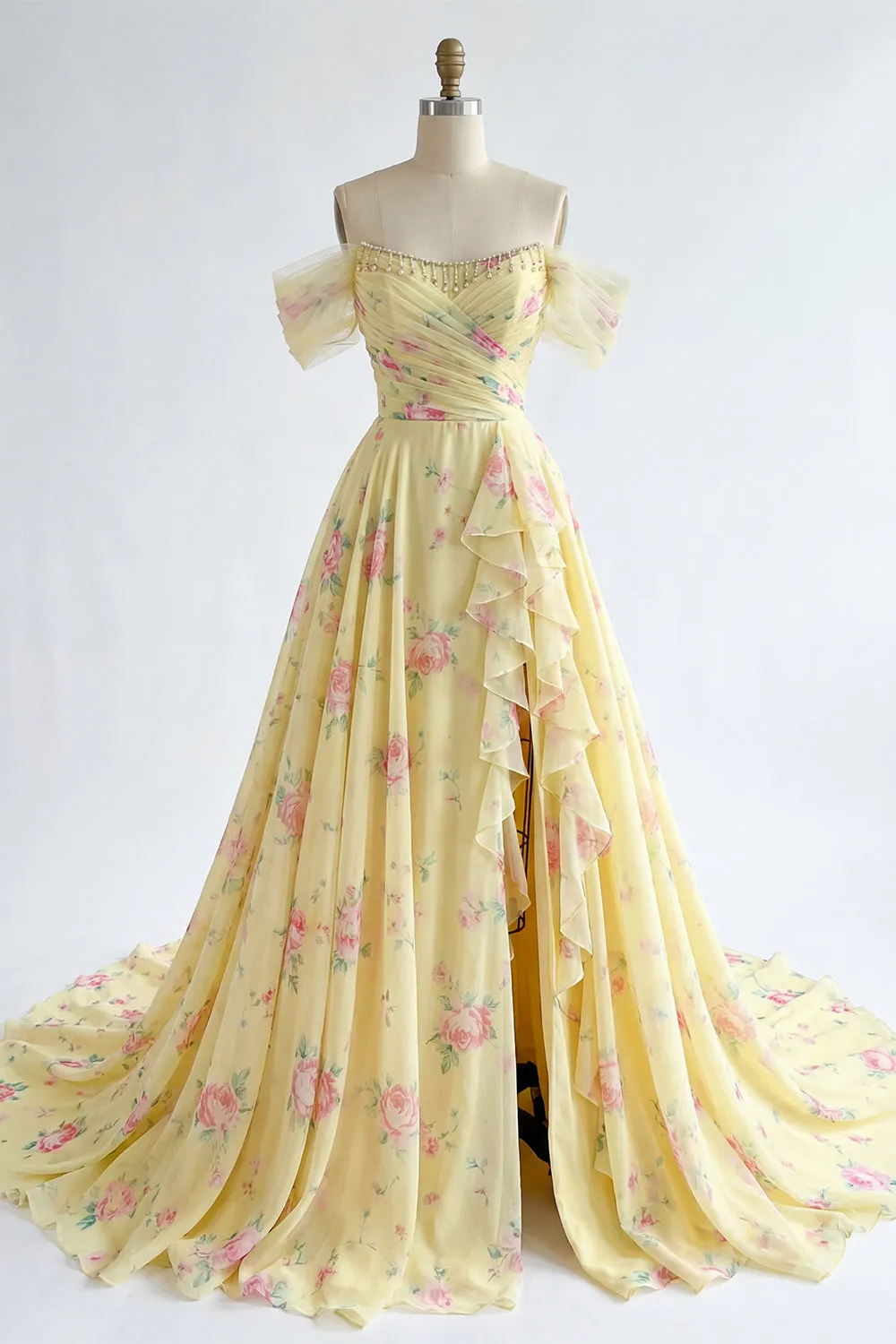 Sparkly Yellow Floral Off the Shoulder Ruffled Long Prom Dress with Beading sold by Zapaka