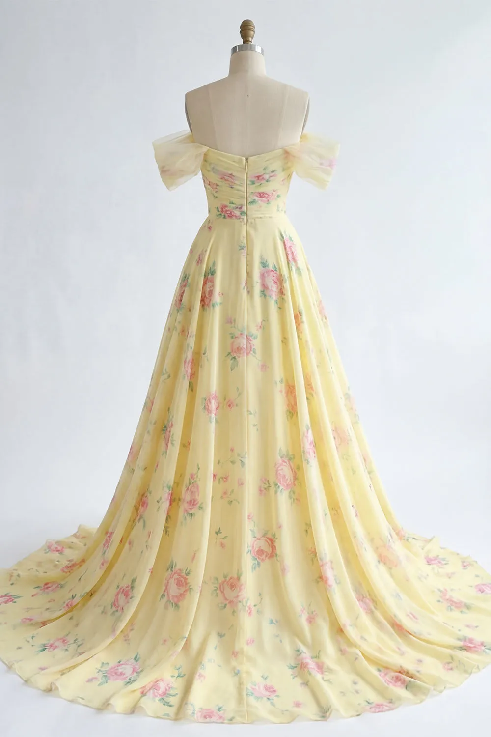 Sparkly Yellow Floral Off the Shoulder Ruffled Long Prom Dress with Beading sold by Zapaka product image thumbnail 2