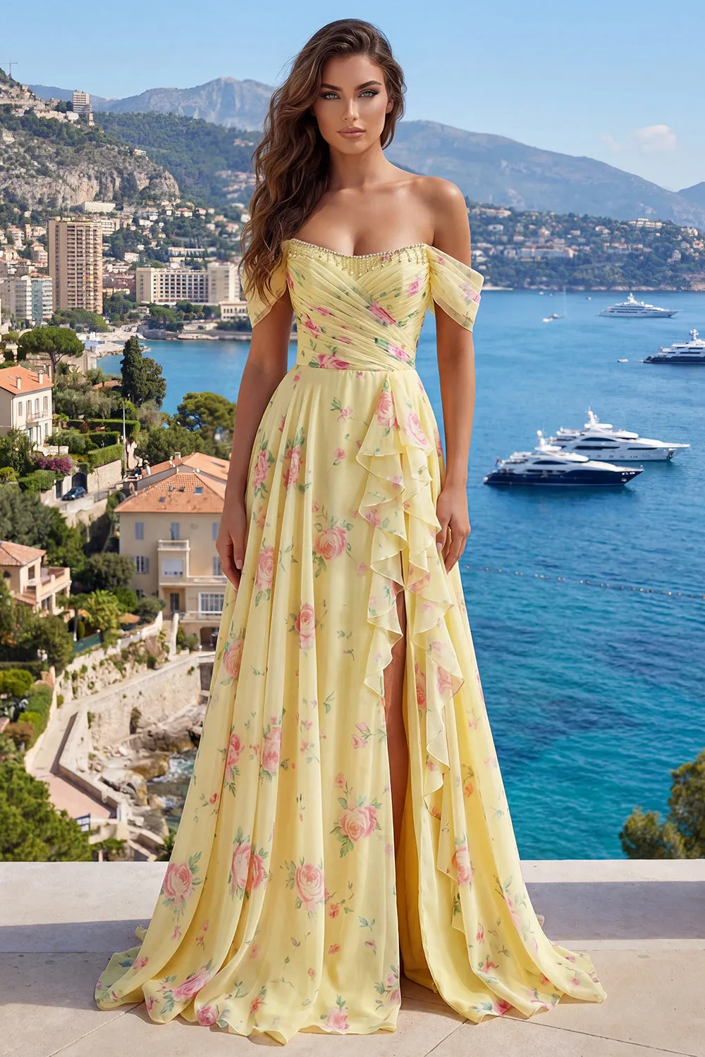 Sparkly Yellow Floral Off the Shoulder Ruffled Long Prom Dress with Beading sold by Zapaka product image thumbnail 3